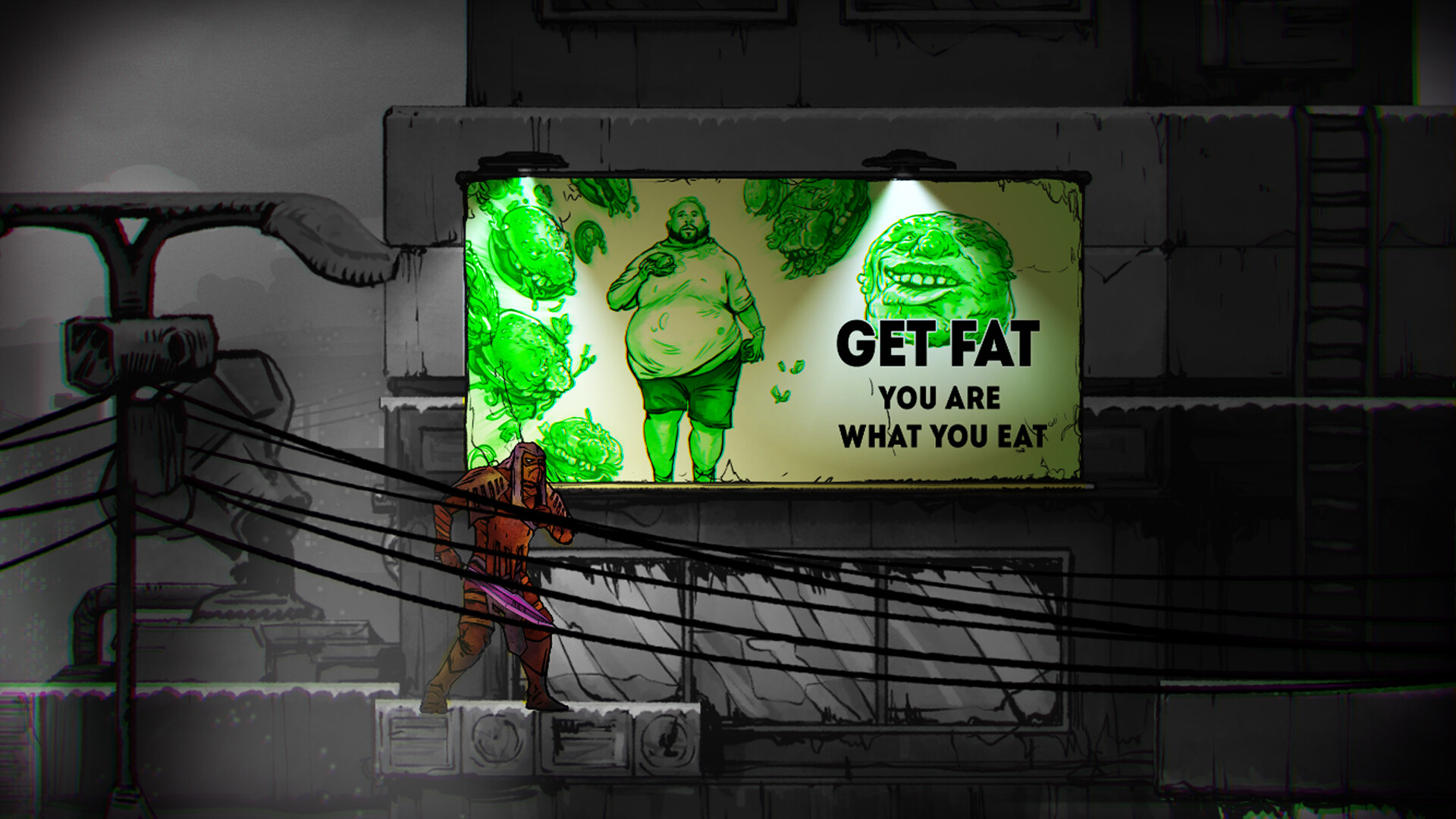 Synchro screenshot showing a green corporate billboard that says Get Fat You Are What You Eat above a city walkway